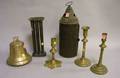 Three Brass Candlesticks a Tin Candlemold and Pierced Tin Lantern and a Hanging Bell