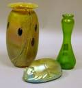 Contemporary Studio Glass Vase and Scarab Paperweight and an Iridescent Green Glass Bud Vase