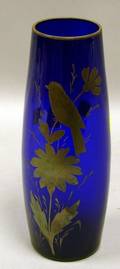 Czechoslovakian Silver Resist Decorated Cobalt Blue Glass Vase