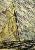 Large Framed American Woodblock Print Depicting a Sloop at Sea