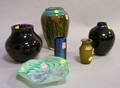 Five Pieces of Contemporary Studio Art Glass and a Loetz Iridescent Green Glass Vase