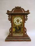 EN Welch Clock Co Victorian Walnut Shelf Clock with Gilt Decorated Glass Panel Door