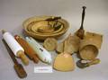Group of Country Wooden Kitchenware a Coffee Mill and Six Glass and Two Wooden Rolling Pins