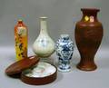 Four Assorted Asian Ceramic Vases and a Small Chinese Lacquer Sweetmeat Box with Four Fitted Porcelain Inserts