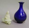Chinese Carved Jade Kuan Yin and a Peking Cobalt Glass Bottle Vase