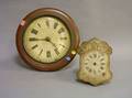 Round Walnut Wall Clock and a Small Continental Painted Wooden WagonWall Clock
