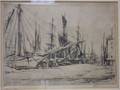 American School Etching on Paper Depicting a Wharf with Whaling Ships