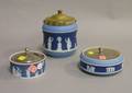 Wedgwood Light and Dark Blue Jasper Dip Biscuit Barrel and Low Jar and a Dark Blue Jasper Dip Jar