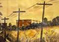 Framed Watercolor Illustration of a Country Road with Telephone Poles