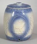 Blue and White Glazed Molded Stag and Bear Decorated Stoneware Covered Sanitary Water Keg