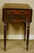 Federalstyle Carved Mahogany and Mahogany Veneer Dropleaf ThreeDrawer Work Table