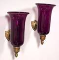 Pair of Amethyst Glass and Brass Candle Sconces