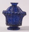 Cobalt Blue Pressed Acanthus Leaf and Shield Glass Covered Sugar Bowl on Foot