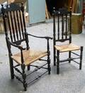 Blackpainted Bannisterback Armchair and Side Chair with Woven Rush Seats