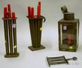 Two Tin Candle Molds Tin and Glass Lantern and a Small Wrought Iron Roaster