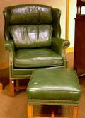 Paine Chippendalestyle Green Leather Upholstered Maple Wing Chair and Green Naugahyde Upholstered Ottoman