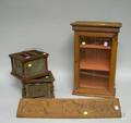 Pine and Glass OneDoor Display Cabinet a Carved Wooden Cookie Board and Two Wood and Punched Tin Footwarmers