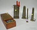 Four Assorted Tin Candle Molds and a Redstained Wooden Candle Box
