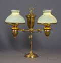Brass Adjustable DoubleStudent Lamp with Light Green Cased Glass Shades