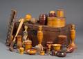 Polychrome Painted Wooden Box with a Collection of Turned Wooden and Other Wooden Items
