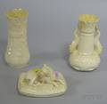 Two Belleek Porcelain Vases and a Dog on Pillow Figural Group
