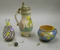 Roseville Pottery Vase an Art Glass Cologne Bottle and a Pewtermounted Tankard