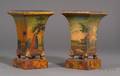 Pair of Continental Handpainted Landscape Genre Scene and Faux Marble Decorated Tole Urns