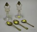 Pair of Colorless Molded Glass Whale Oil Lamps and Three Pewter Spoons