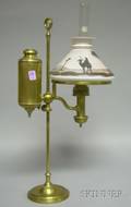 Brass Student Lamp with Handpainted Desert Scene Decorated Milk Glass Shade