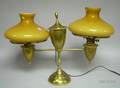Brass Double Student Lamp with Cased Amber Glass Shades