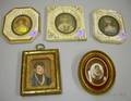 Four Framed Miniature Portraits and a Framed Miniature Handpainted Portrait on Porcelain of a Mother and Child