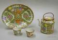 Chinese Export Porcelain Rose Medallion Teapot Platter and a Pair of Tea Cups