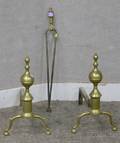 Pair of Brass Spiretop Andirons and a Pair of Brass and Steel Fireplace Tools