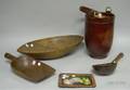 Two Wooden Scoops a Hewn Wooden Chopping Bowl and a Leather Fire Bucketform Ice Bucket