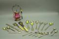 Victorian Silver Plated and Cranberry Glass Pickle Caster and Nineteen Pieces of Silver Flatware
