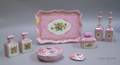 Sevenpiece French Handpainted Floral and Pink Decorated Porcelain Dresser Set