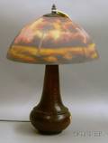 Reversepainted Landscape Decorated Art Glass and Patinated Metal Table Lamp