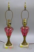 Pair of Etched Cranberry Flash Glass Oil Lamps with Brass and Marble Bases