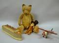 Stuffed Toy Teddy Bear Monkey with Top Hat a Folk Painted Wooden Airplane and Wooden Boat