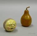 Fruitwood Pearform Container and a Painted Papiermache Moon Face Squeak Toy