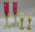 Pair of Etched Colorless Mold Glass Lustres with Etched Cranberry Flash Glass Shades and a Pair of Brass Candle