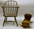 Wooden Hooded Doll Cradle and a Childs Windsor Sackback Armchair