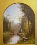 Framed American School Oil on Canvas View of Woodlands with a Footbridge