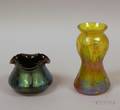 Loetztype Iridescent Oil Spot Glass Vase and Iridescent Glass Ruffled Vase