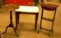 Diminutive Mahogany Sewing Stand with Drawer an Upholstered Vanity Stool and a Mahogany Dishtop Kettle Stand
