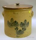 Cobalt Decorated Stoneware Crock with Wooden Lid