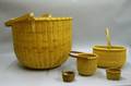 Three Reproduction Nantucket Swinghandle Baskets and Two Miniature Woven Splint Baskets