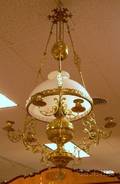 Art Nouveau Brass Hanging Kerosene Lamp with Milk Glass Dome Shade