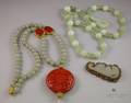 Carved Jade and Quartz Beaded Necklace Coromandel and Jade Beaded Necklace and a Gilt Silver Enamel and Car