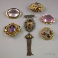 Six Victorian Mostly Gilt Metal and Cut Glass Brooches